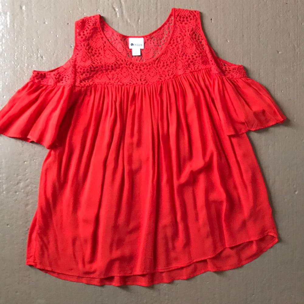 Coral cold shoulder lace top